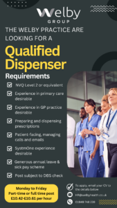 Qualified dispenser job advert in black and yellow with team of healthcare professionals in white and blue and wearing lanyards with NHS ID cards.
Hiring for a Monday to Friday role at The Welby practice in Bottesford, Leics. Apply by clicking the link provided.