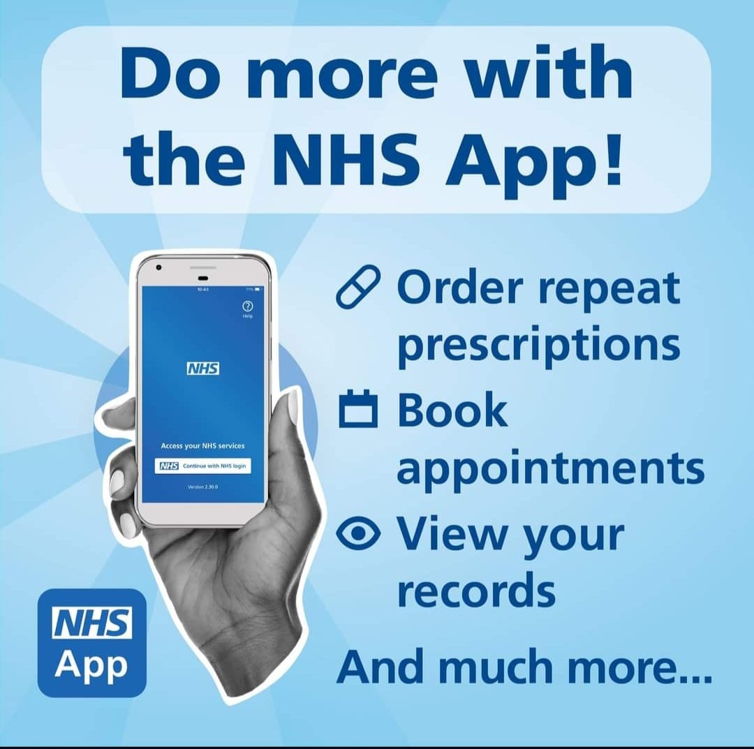 Hand holding a mobile phone. Do more with the NHS app. get your NHS COVID Pass order repeat prescriptions book and manage appointments get health information and advice view your health record securely view your NHS number